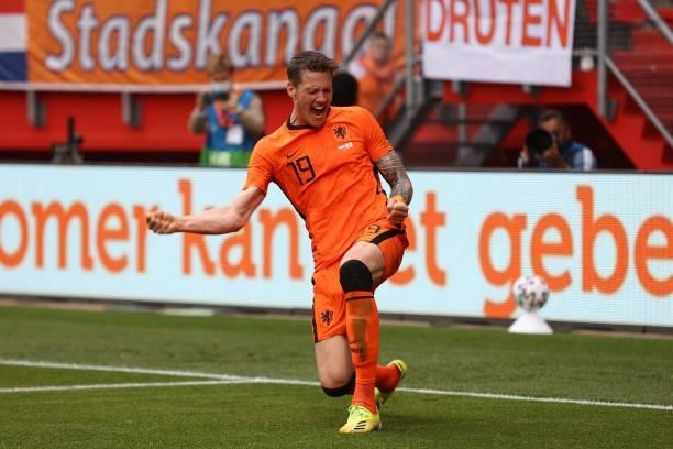 Wout Weghorst of Netherlands celebrates after scoring their side's second goal during the international friendly match between Netherlands and...