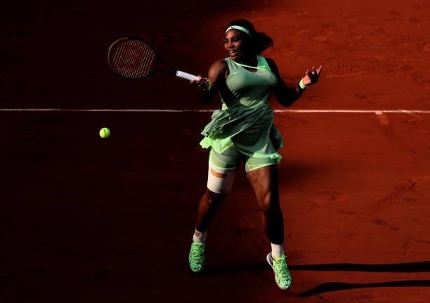 Serena Williams of USA plays a forehand during her Women's Singles fourth round match against Elena Rybakina of Kazakhstan on day eight of the 2021...