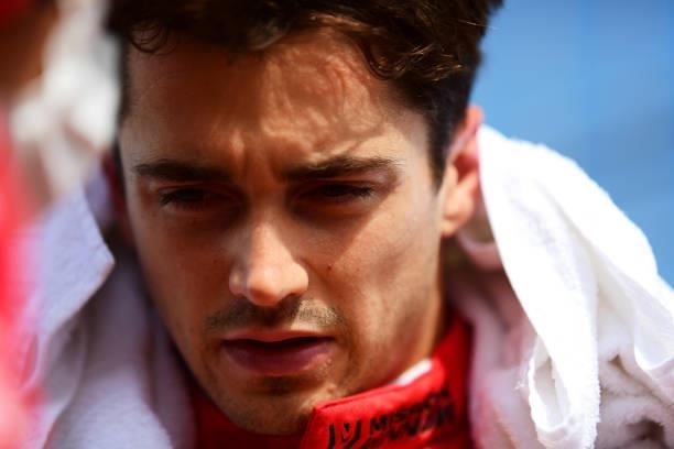 Charles Leclerc of Monaco and Ferrari looks on from the grid prior to the F1 Grand Prix of Azerbaijan at Baku City Circuit on June 06, 2021 in Baku,...