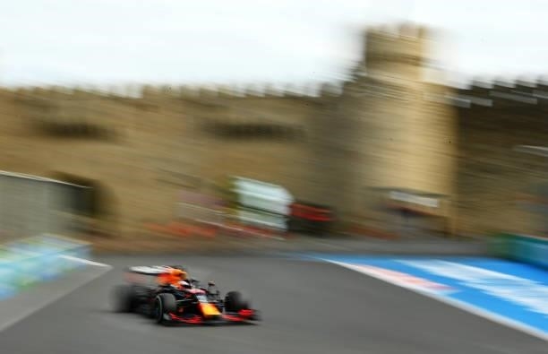 Max Verstappen of the Netherlands driving the Red Bull Racing RB16B Honda on track during the F1 Grand Prix of Azerbaijan at Baku City Circuit on...