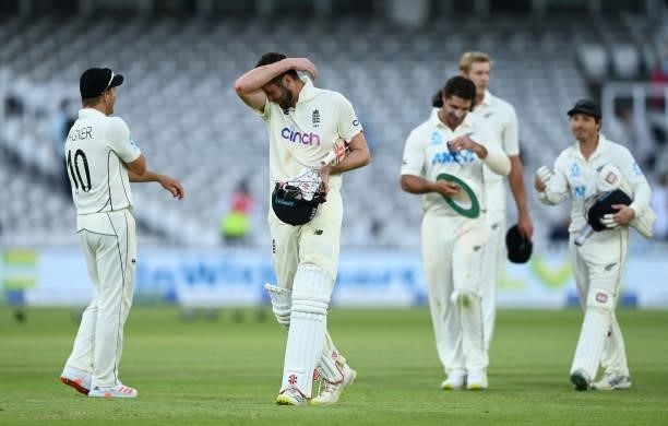 Dom Sibley of England walks off at the end of Day 5 of the First LV= Insurance Test Match between England and New Zealand at Lord's Cricket Ground on...