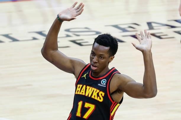 Onyeka Okongwu of the Atlanta Hawks celebrates during the second quarter against the Philadelphia 76ers during Game One of the Eastern Conference...