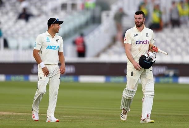 Neil Wagner of New Zealand and Dom Sibley of England share a joke after Day 5 of the First LV= Insurance Test Match between England and New Zealand...