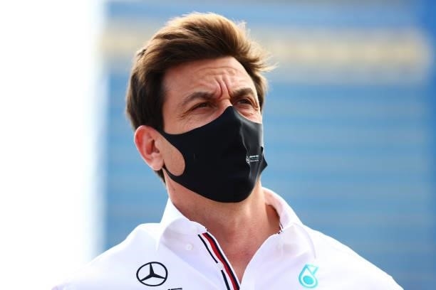 Mercedes GP Executive Director Toto Wolff looks on from the grid prior to the F1 Grand Prix of Azerbaijan at Baku City Circuit on June 06, 2021 in...