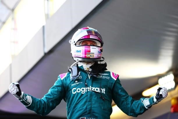 Second placed Sebastian Vettel of Germany and Aston Martin F1 Team celebrates in parc ferme during the F1 Grand Prix of Azerbaijan at Baku City...