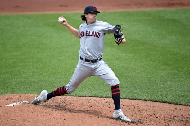 Cal Quantrill of the Cleveland Indians pitches in the second inning against the Baltimore Orioles at Oriole Park at Camden Yards on June 06, 2021 in...