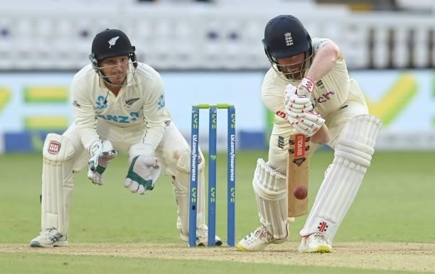 Dom Sibley of England bats watched by BJ Watling of New Zealand during Day 5 of the First LV= Insurance Test match between England and New Zealand at...