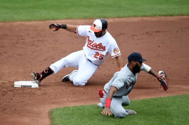 Anthony Santander of the Baltimore Orioles slides into second base with a double in the second inning ahead of the throw to Amed Rosario of the...