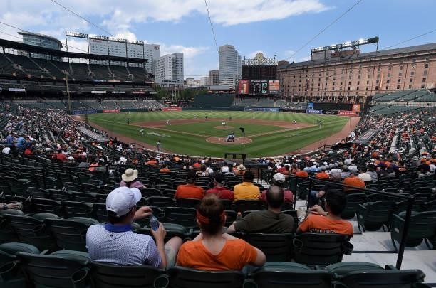 The Baltimore Orioles play against the Cleveland Indians in the third inning at Oriole Park at Camden Yards on June 06, 2021 in Baltimore, Maryland.