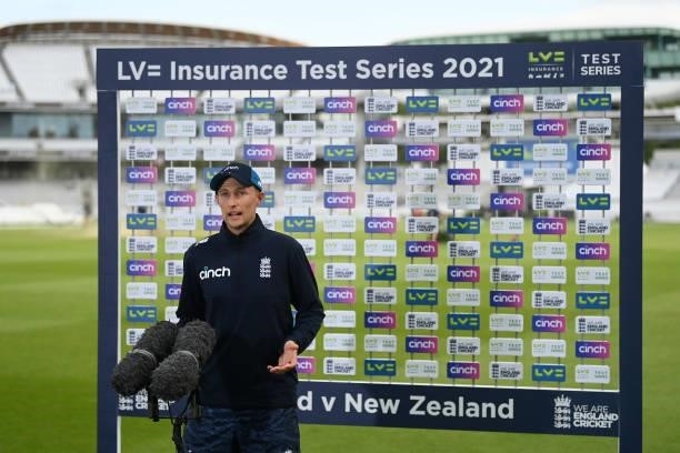 Joe Root of England is interviewed by Sky Sports after Day 5 of the First LV= Insurance Test Match between England and New Zealand at Lord's Cricket...