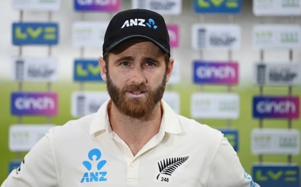 Kane Williamson of New Zealand is interviewed by Sky Sports after Day 5 of the First LV= Insurance Test Match between England and New Zealand at...