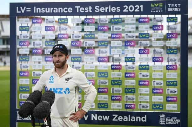 Kane Williamson of New Zealand is interviewed by Sky Sports after Day 5 of the First LV= Insurance Test Match between England and New Zealand at...