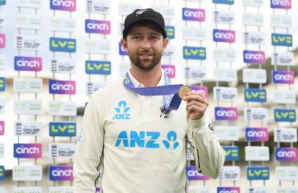 Devon Conway of New Zealand poses with the Player of the Match award after Day 5 of the First LV= Insurance Test Match between England and New...