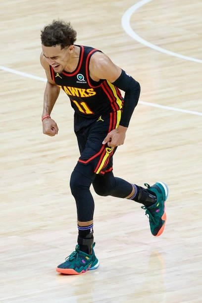 Trae Young of the Atlanta Hawks celebrates during the second quarter against the Philadelphia 76ers during Game One of the Eastern Conference second...