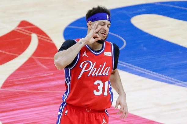 Seth Curry of the Philadelphia 76ers celebrates during the second quarter against the Atlanta Hawks during Game One of the Eastern Conference second...