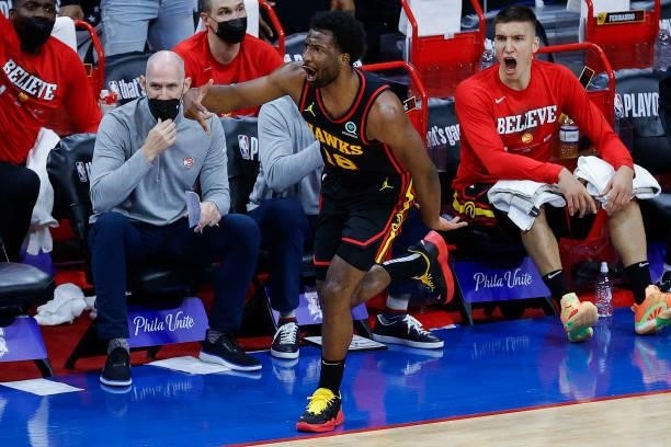 Solomon Hill of the Atlanta Hawks celebrates during the second quarter against the Philadelphia 76ers during Game One of the Eastern Conference...