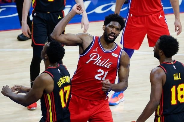 Joel Embiid of the Philadelphia 76ers celebrates during the second quarter against the Atlanta Hawks during Game One of the Eastern Conference second...