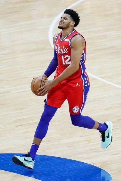 Tobias Harris of the Philadelphia 76ers reacts during the second quarter against the Atlanta Hawks during Game One of the Eastern Conference second...