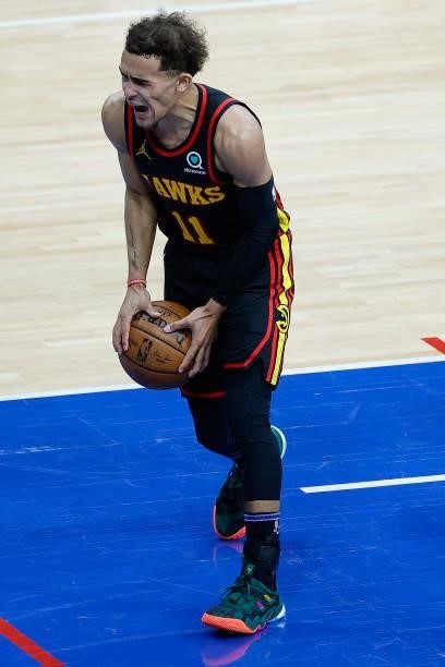 Trae Young of the Atlanta Hawks reacts during the second quarter against the Philadelphia 76ers during Game One of the Eastern Conference second...