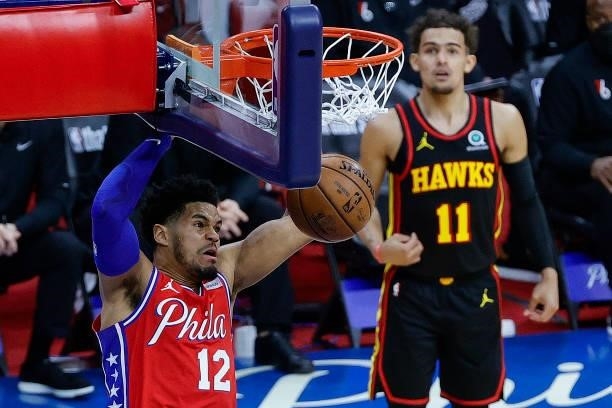 Tobias Harris of the Philadelphia 76ers dunks during the second quarter against the Atlanta Hawks during Game One of the Eastern Conference second...