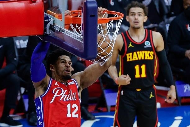 Tobias Harris of the Philadelphia 76ers dunks during the second quarter against the Atlanta Hawks during Game One of the Eastern Conference second...