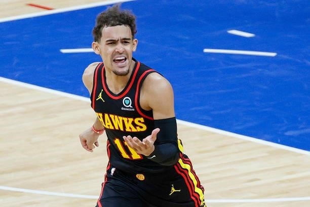 Trae Young of the Atlanta Hawks reacts during the second quarter against the Philadelphia 76ers during Game One of the Eastern Conference second...