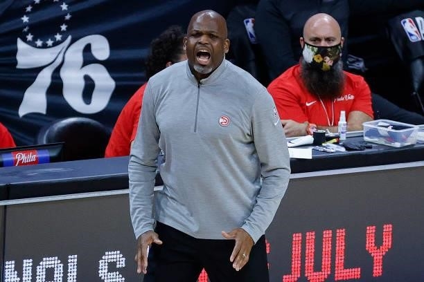 Head coach Nate McMillan of the Atlanta Hawks calls to players during the second quarter against the Philadelphia 76ers during Game One of the...