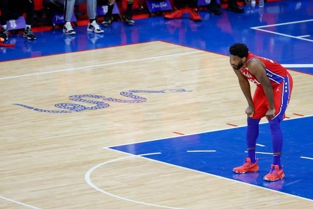 Joel Embiid of the Philadelphia 76ers looks on during the second quarter against the Atlanta Hawks during Game One of the Eastern Conference second...