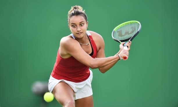 Eden Silva of Great Britain plays against Tara Moore during day 2 of the Viking Open at Nottingham Tennis Centre on June 06, 2021 in Nottingham,...
