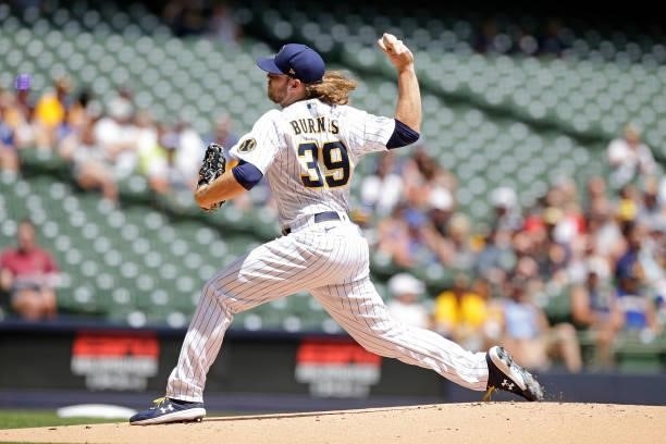 Corbin Burnes of the Milwaukee Brewers throws a pitch in the first inning against the Arizona Diamondbacks at American Family Field on June 06, 2021...