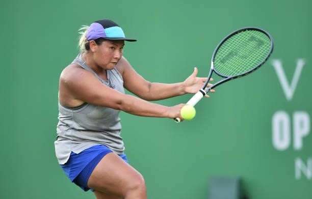 Tara Moore of Great Britain plays a backhand shot against Eden Silva of Great Britain during day 2 of the Viking Open at Nottingham Tennis Centre on...