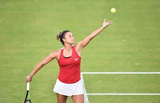 Eden Silva of Great Britain serves to Tara Moore during day 2 of the Viking Open at Nottingham Tennis Centre on June 06, 2021 in Nottingham, England.