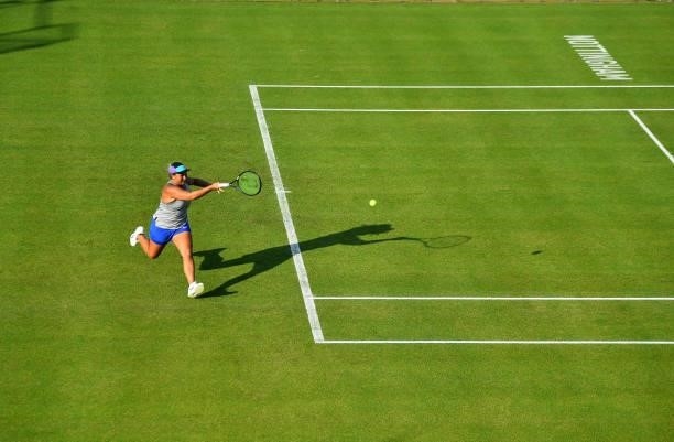 Tara Moore of Great Britain plays a forehand shot against Eden Silva of Great Britain during day 2 of the Viking Open at Nottingham Tennis Centre on...