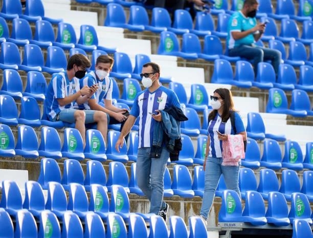 Fans of CD Leganes take their place in the stands prior to the Liga Smartbank Playoffs match between CD Leganes and Rayo Vallecano at Estadio...