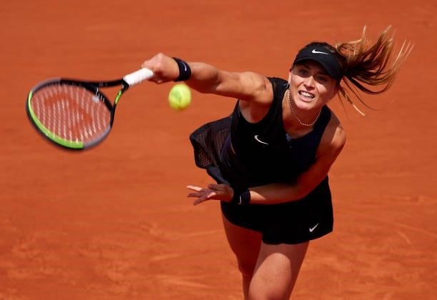 Paula Badosa of Spain serves in her Fourth Round match against Marketa Vondrousova of Czech Republic during day eight of the 2021 French Open at...