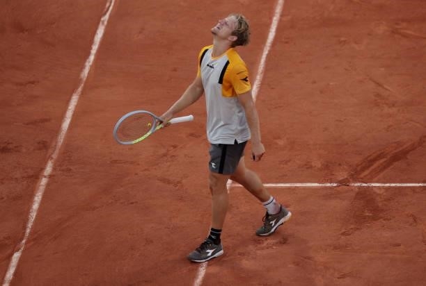 Alejandro Davidovich Fokina of Spain celebrates after winning match point during his Men's Singles fourth round match against Federico Delbonis of...