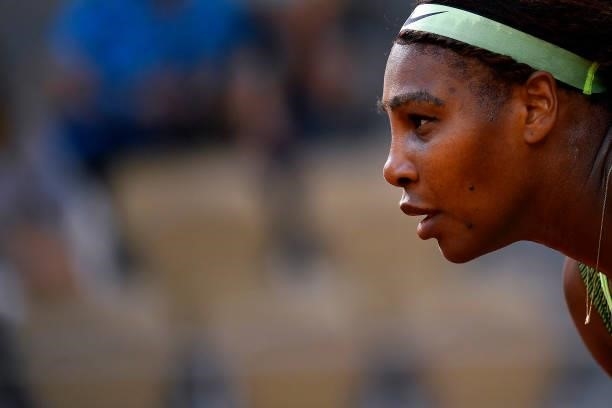 Serena Williams of USA looks on during her Women's Singles fourth round match against Elena Rybakina of Kazakhstan on day eight of the 2021 French...