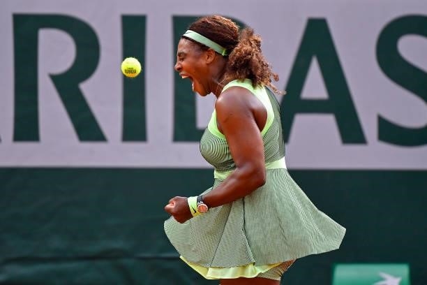 Serena Williams of USA reacts during her Women's Singles fourth round match against Elena Rybakina of Kazakhstan on day eight of the 2021 French Open...