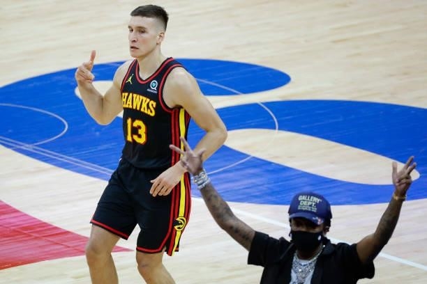 Bogdan Bogdanovic of the Atlanta Hawks celebrates during the third quarter against the Philadelphia 76ers during Game One of the Eastern Conference...