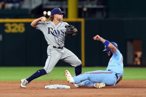 Taylor Walls of the Tampa Bay Rays makes the throw to first after forcing out Isiah Kiner-Falefa of the Texas Rangers at second at Globe Life Field...
