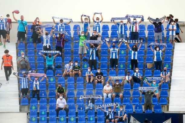 Fans of Leganes prior to the game during the Liga Smartbank Playoffs match between Leganes and Rayo Vallecano at Estadio Municipal de Butarque on...