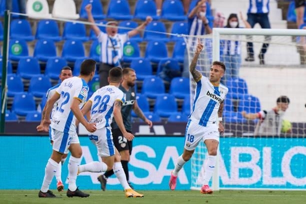 Rober Ibanez of Leganes celebrates after scoring his team's first goal during the Liga Smartbank Playoffs match between Leganes and Rayo Vallecano at...