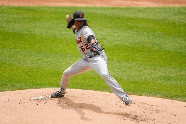 Jose Urena of the Detroit Tigers pitches in the first inning against the Chicago White Sox at Guaranteed Rate Field on June 06, 2021 in Chicago,...