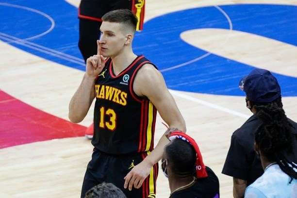 Bogdan Bogdanovic of the Atlanta Hawks gestures during the fourth quarter against the Philadelphia 76ers during Game One of the Eastern Conference...