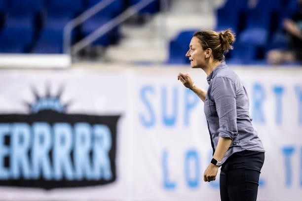 Freya Coombe Head Coach of NJ/NY Gotham FC yells instruction to her team from the sideline in the second half of the match against OL Reign at Red...