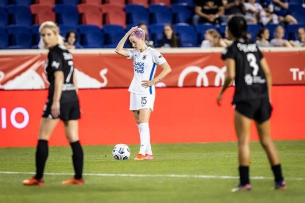 Megan Rapinoe of OL Reign prepares to take the free kick during the second half of the match against NJ/NY Gotham FC at Red Bull Arena on June 5,...