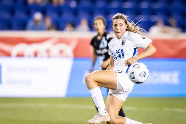 Sofia Huerta of OL Reign tries push the ball into the goal during the second half of the match against NJ/NY Gotham FC at Red Bull Arena on June 5,...