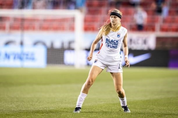 Bethany Balcer of OL Reign looks for the pass during the second half of the match against NJ/NY Gotham FC at Red Bull Arena on June 5, 2021 in...