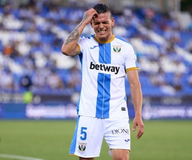 Jonathan Silva of CD Leganes reacts during the Liga Smartbank Playoffs match between CD Leganes and Rayo Vallecano at Estadio Municipal de Butarque...