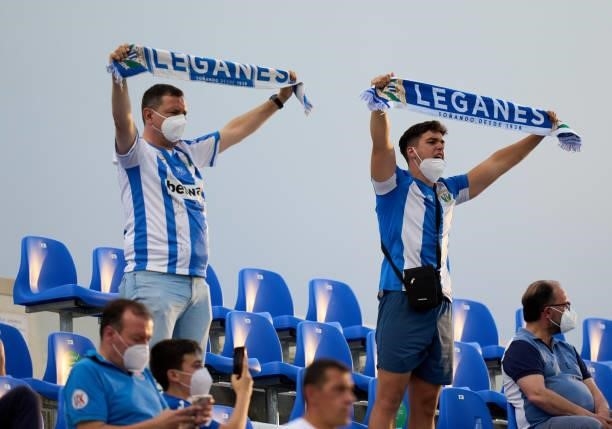 Fans of CD Leganes cheer from the stands during the Liga Smartbank Playoffs match between CD Leganes and Rayo Vallecano at Estadio Municipal de...